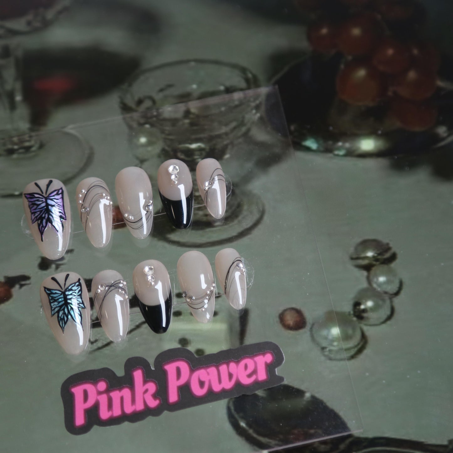 Pink Power Press On Nails- Nude Butterfly Garden