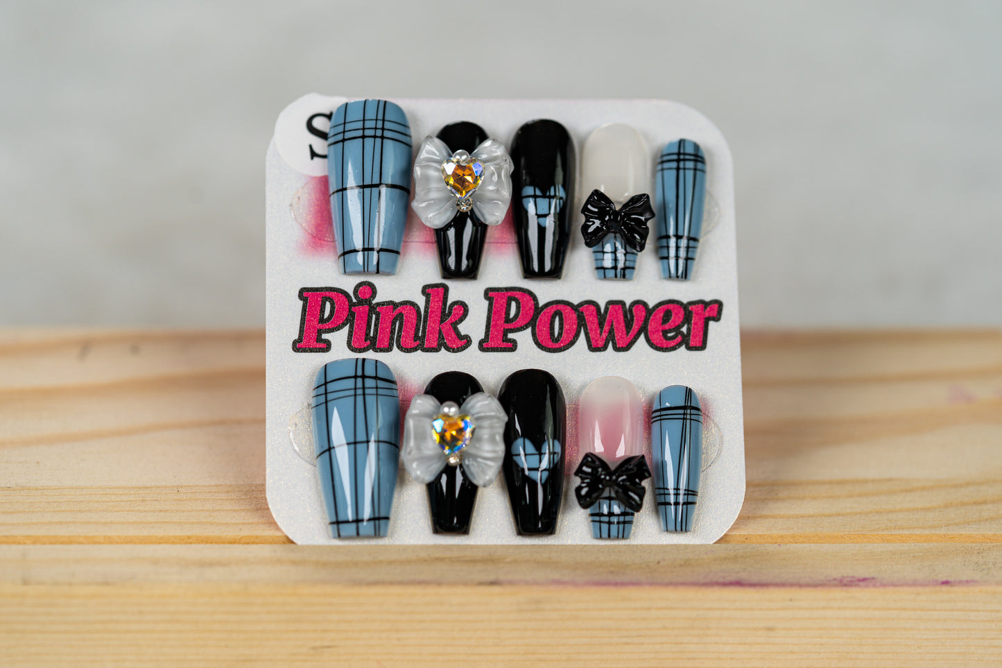 Pink Power Press On Nails- Blue Ribbon and Bowtie