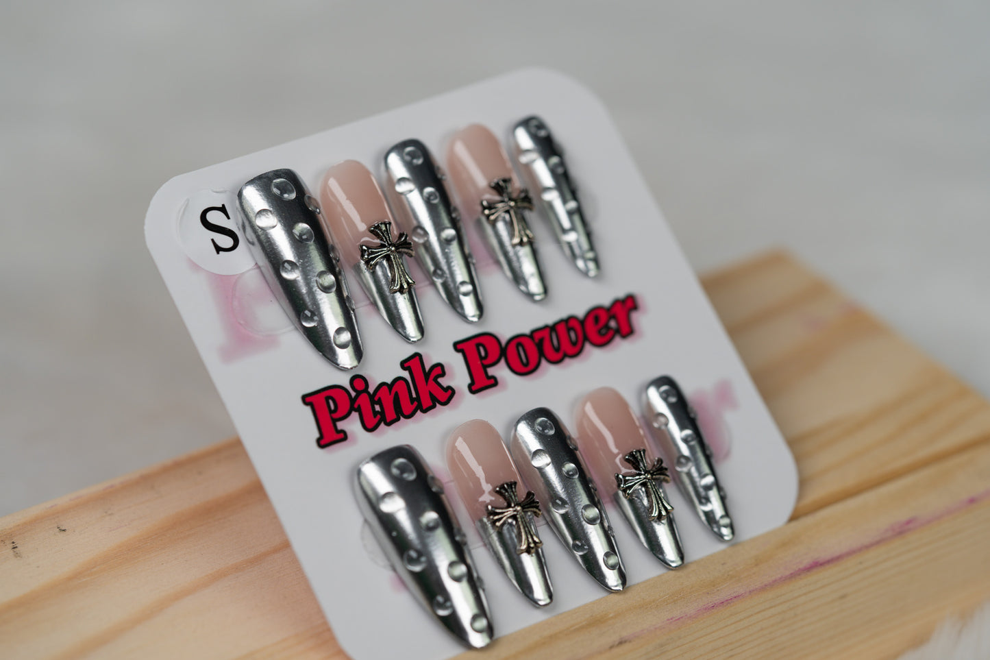 Pink Power Press On Nails- Silver Rain Drop