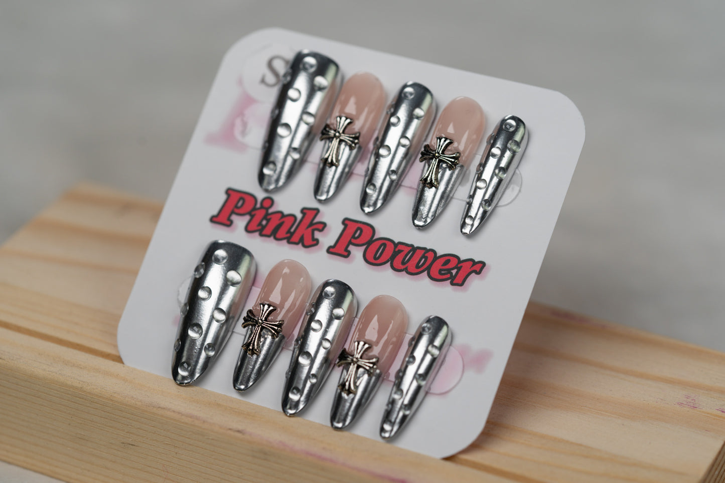 Pink Power Press On Nails- Silver Rain Drop