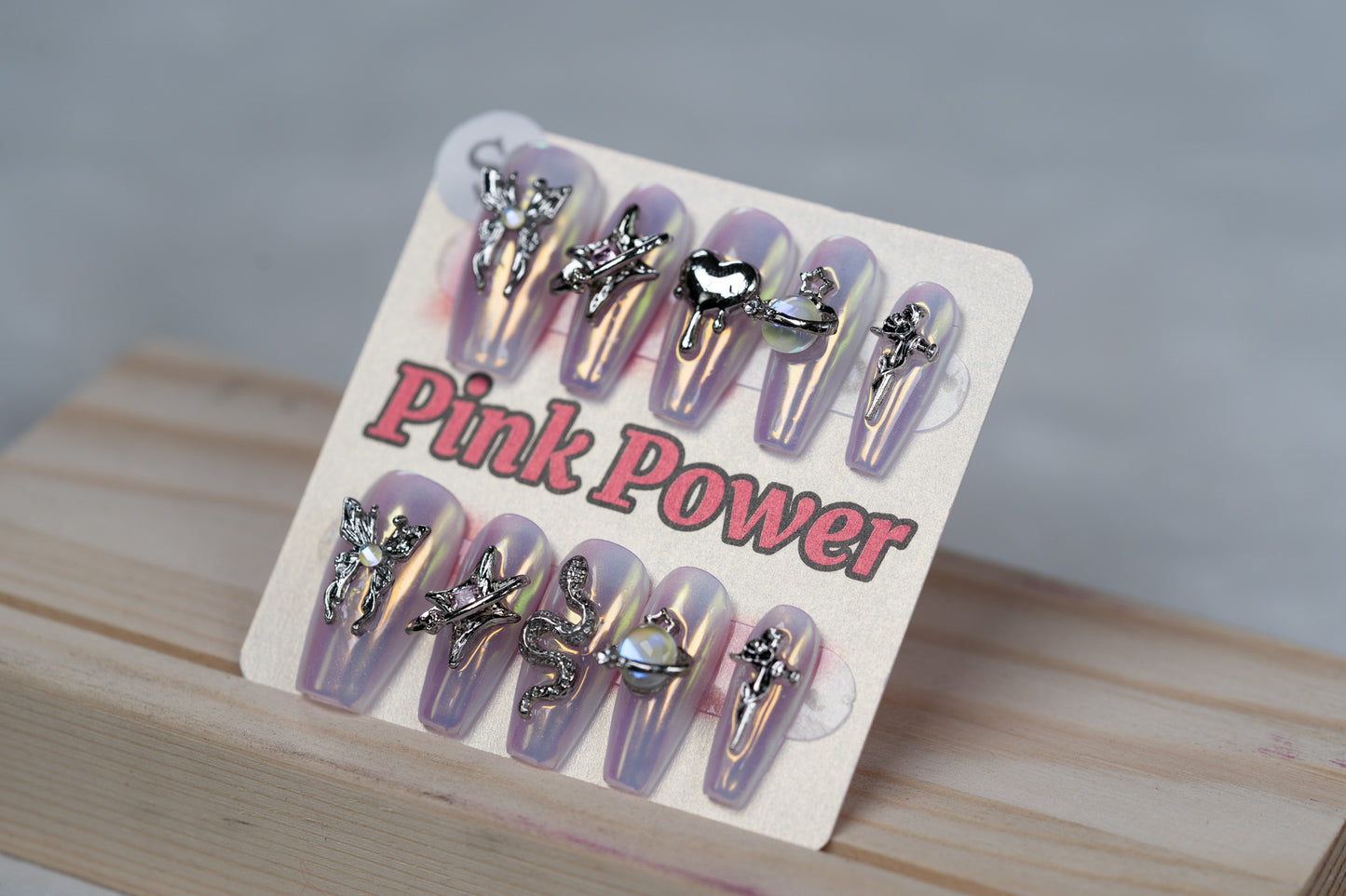 Pink Power Press on Nails- Silver Pearl Butterfly