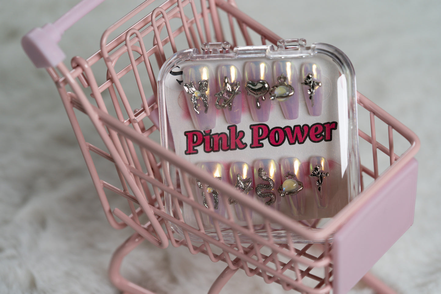 Pink Power Press on Nails- Silver Pearl Butterfly