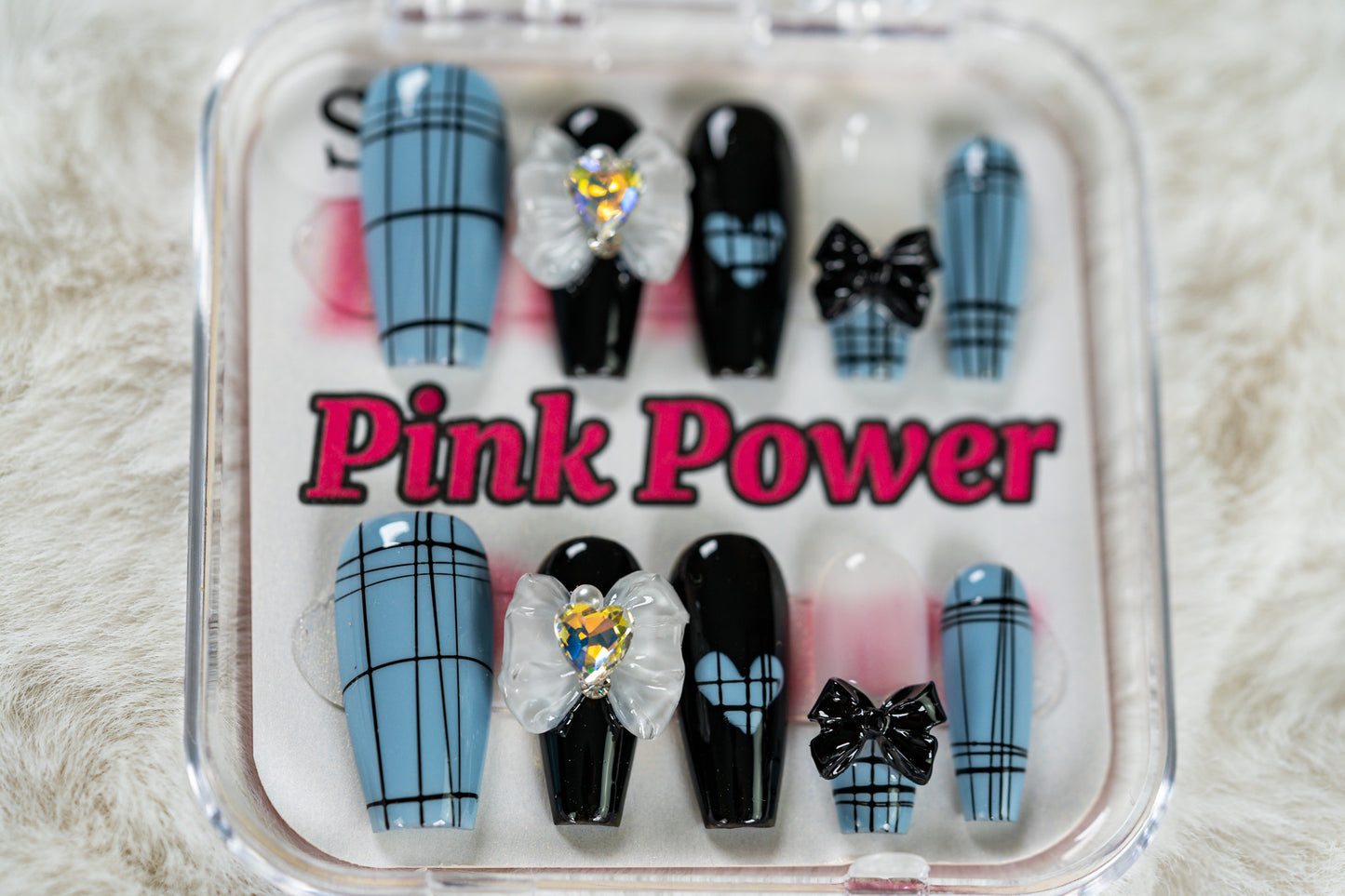 Pink Power Press On Nails- Blue Ribbon and Bowtie