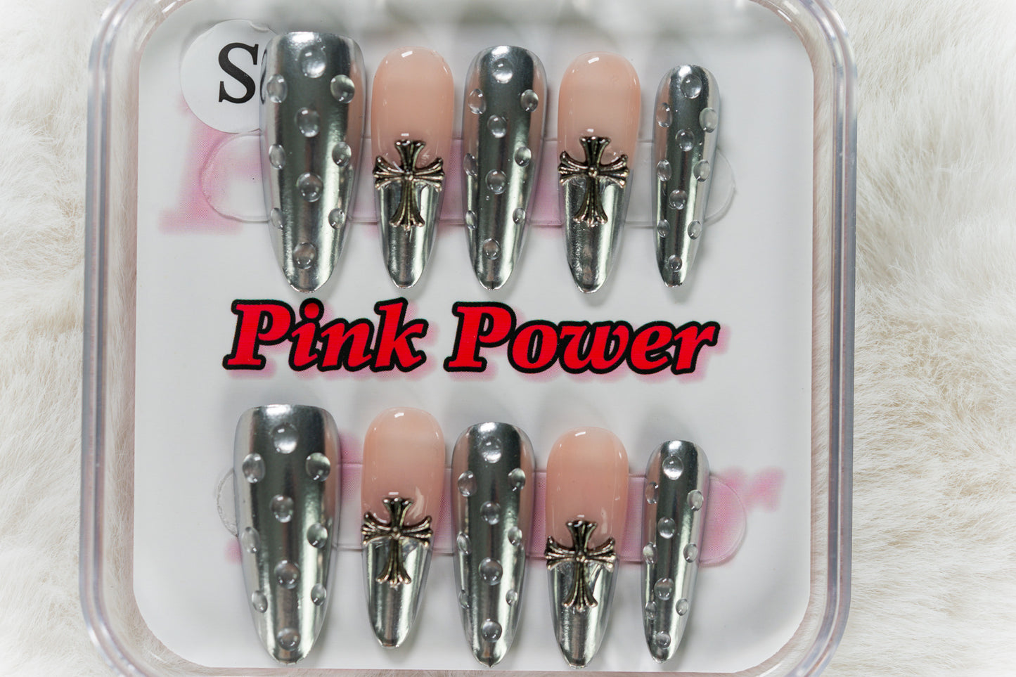 Pink Power Press On Nails- Silver Rain Drop