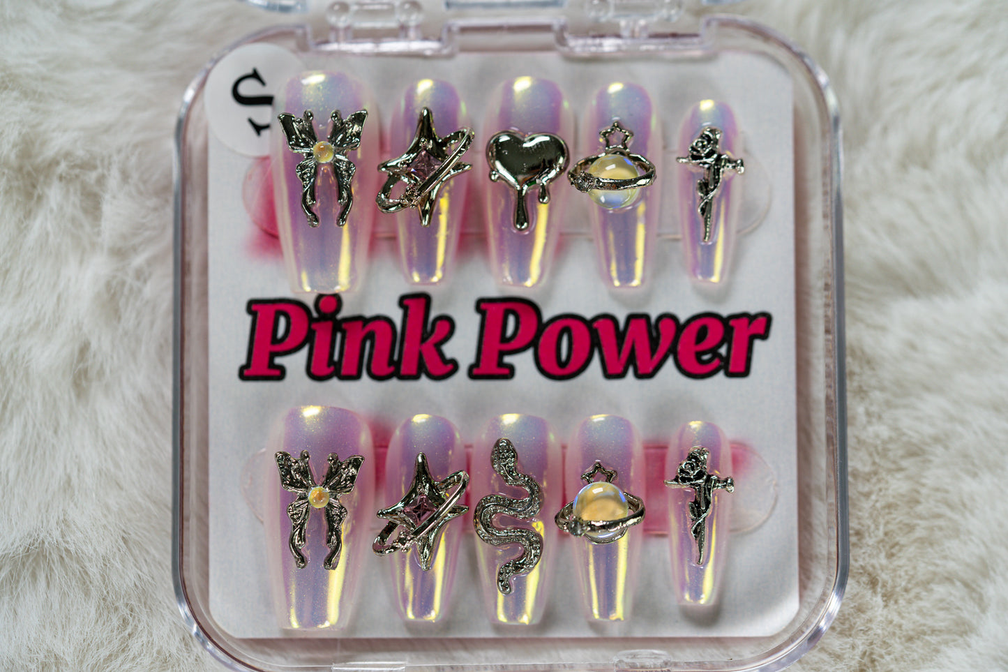 Pink Power Press on Nails- Silver Pearl Butterfly