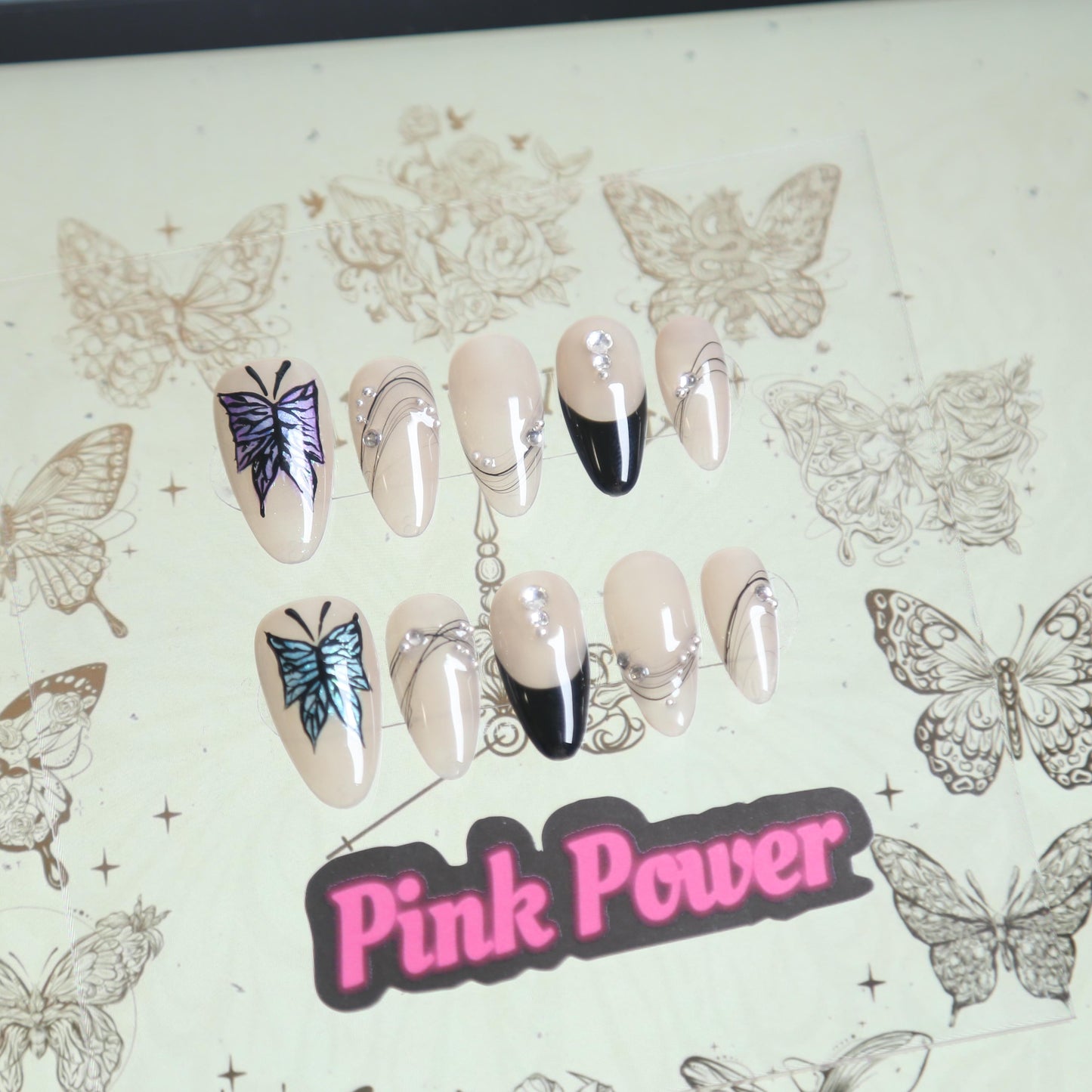 Pink Power Press On Nails- Nude Butterfly Garden
