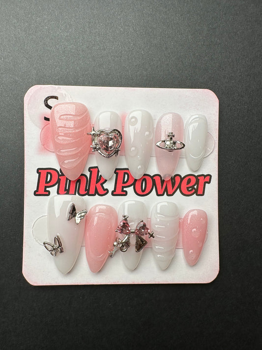 Pink Power Press on Nails- Pink Silver Heart