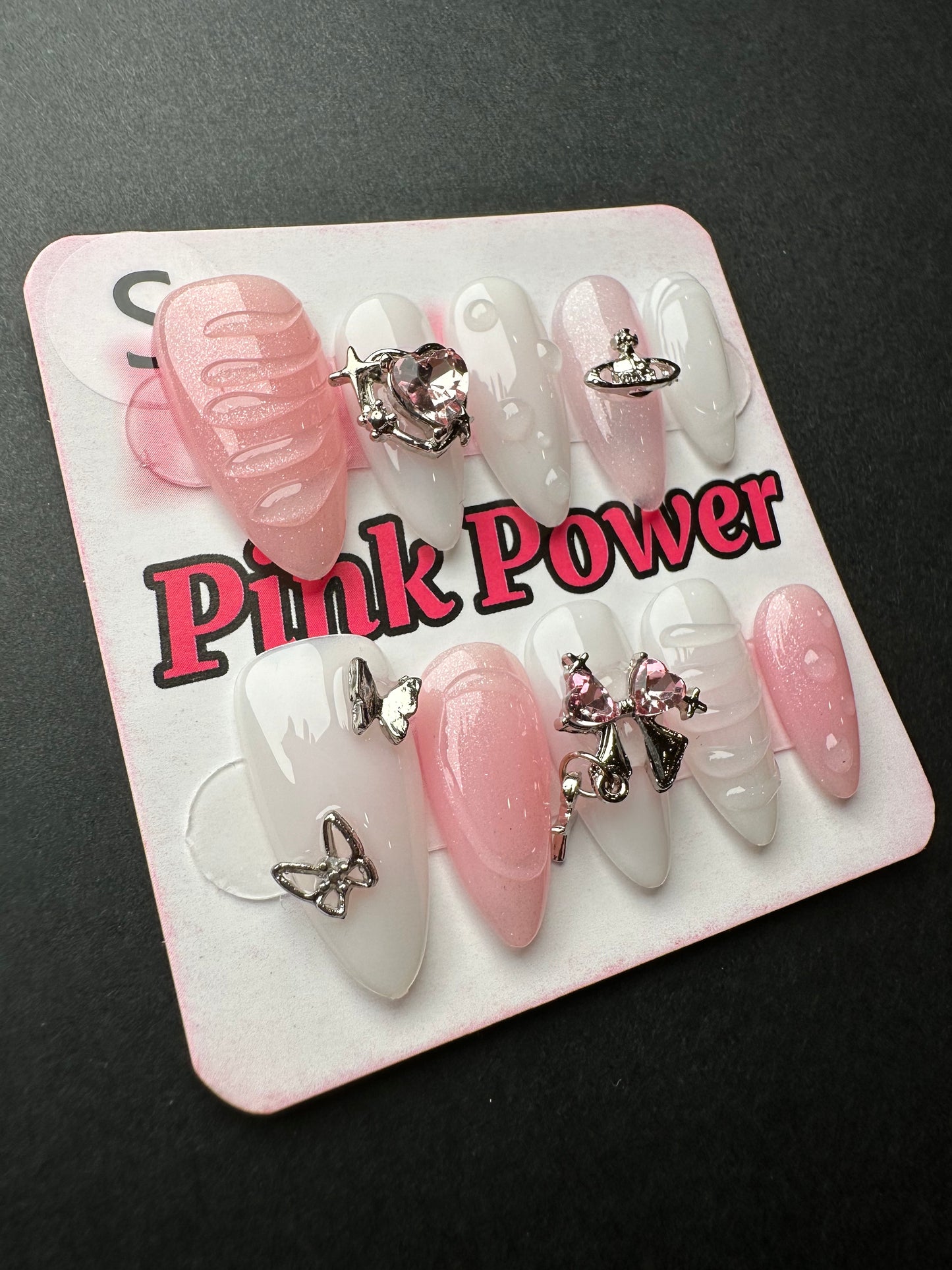 Pink Power Press on Nails- Pink Silver Heart