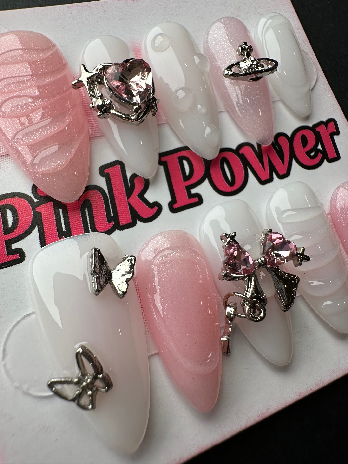 Pink Power Press on Nails- Pink Silver Heart