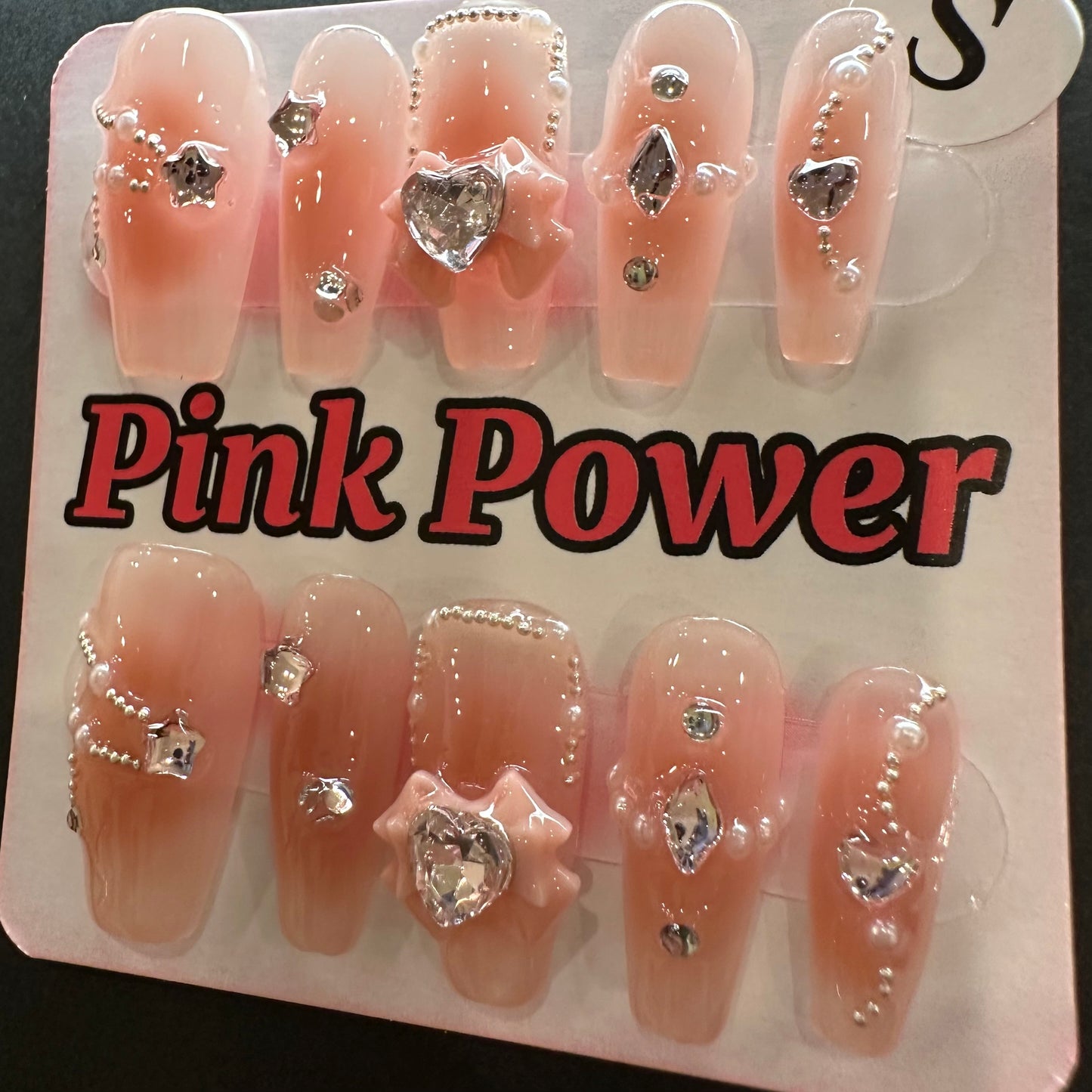 Pink Power Press on Nails- Pink Ribbon with Diamond Heart