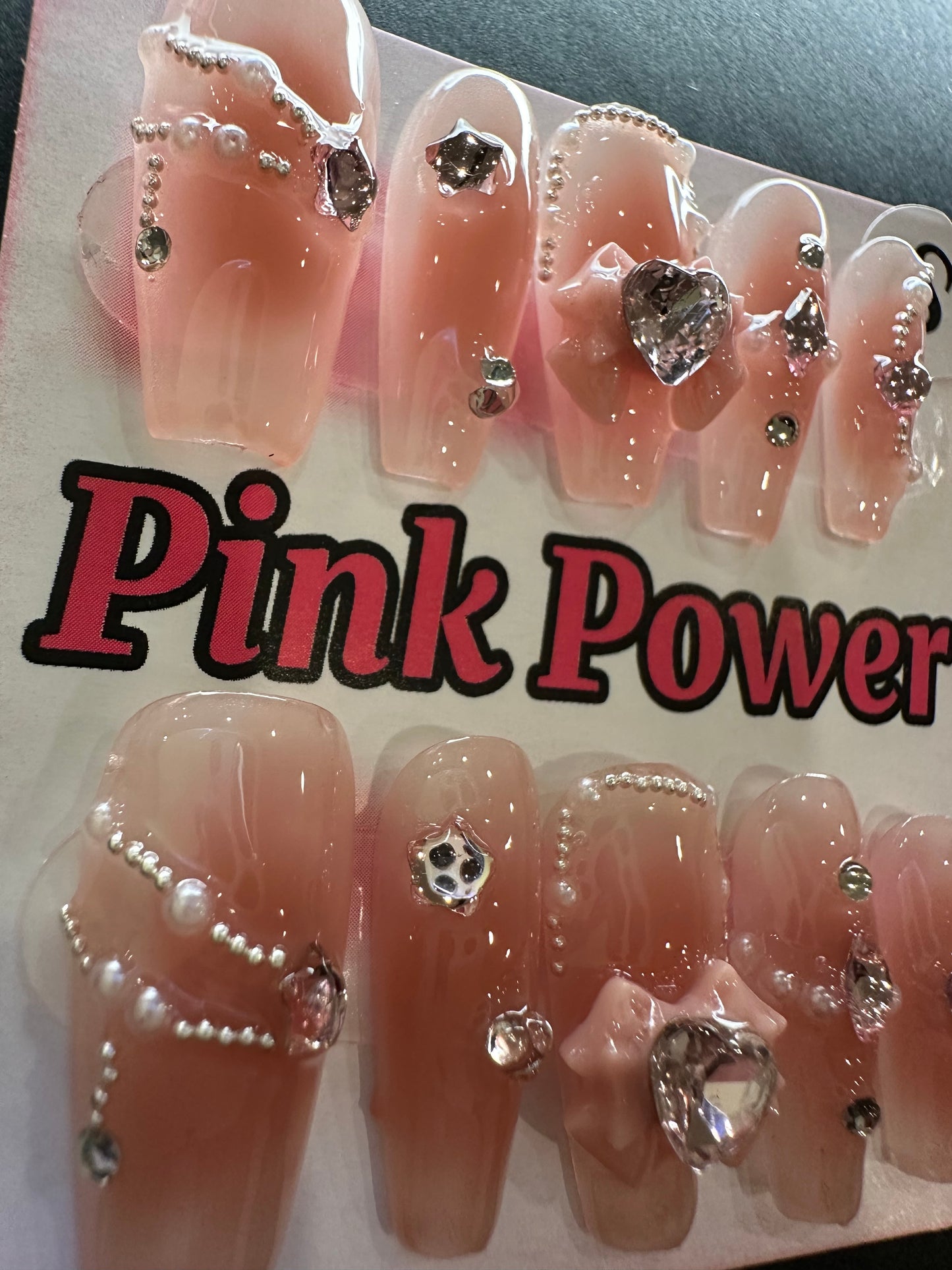 Pink Power Press on Nails- Pink Ribbon with Diamond Heart